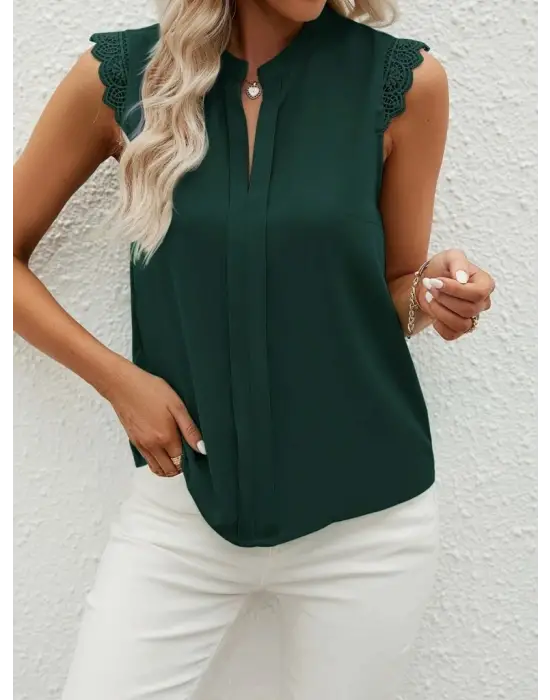 Kadın Kısa Dantel Kollu Hakim Yaka Ithal Krep Bluz