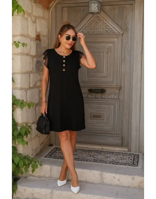 Kadın Kısa Dantel Kollu önden Düğmeli Viskon Elbise
