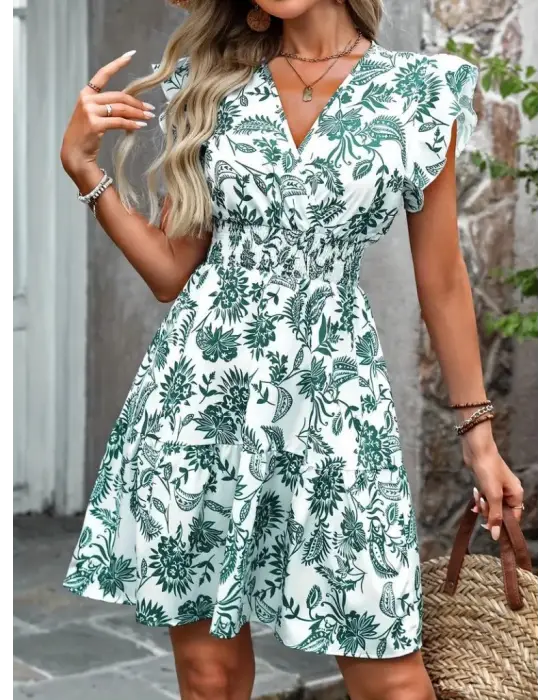 Kadın Kısa Fırfır Kollu Kruvaze Yaka çiçekli Atlas Elbise