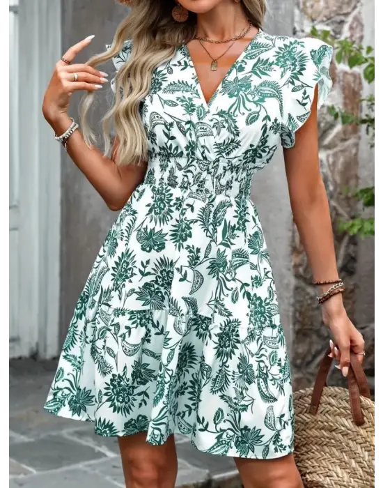 Kadın Kısa Fırfır Kollu Kruvaze Yaka çiçekli Atlas Elbise