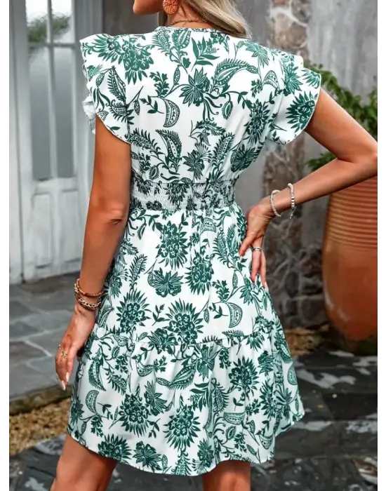 Kadın Kısa Fırfır Kollu Kruvaze Yaka çiçekli Atlas Elbise