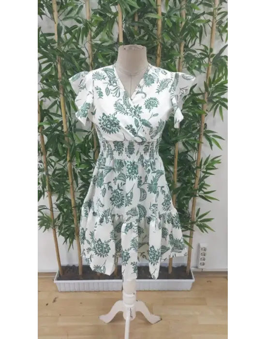 Kadın Kısa Fırfır Kollu Kruvaze Yaka çiçekli Atlas Elbise