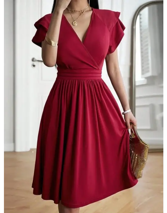 Kadın Kısa Fırfır Kollu Kruvaze Yakalı Kiloş Janjan Krep Elbise