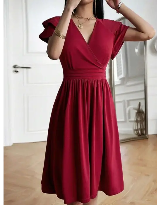 Kadın Kısa Fırfır Kollu Kruvaze Yakalı Kiloş Janjan Krep Elbise