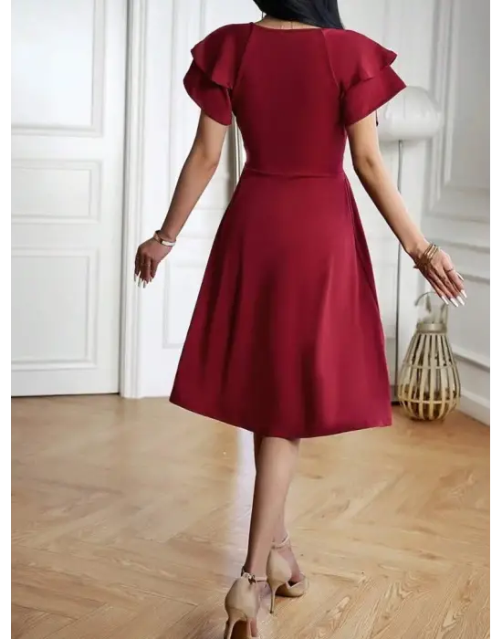 Kadın Kısa Fırfır Kollu Kruvaze Yakalı Kiloş Janjan Krep Elbise