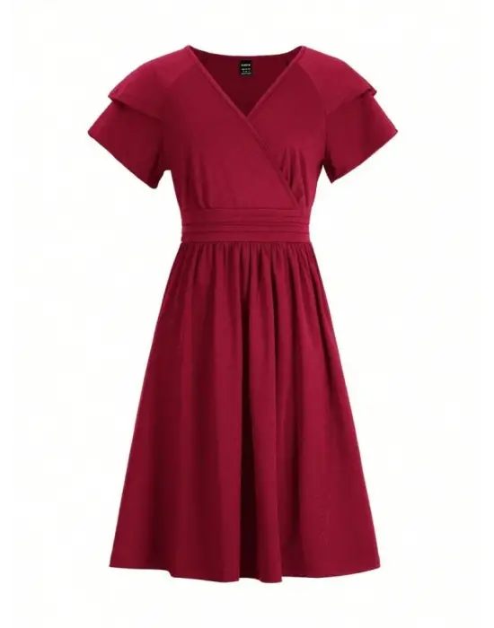 Kadın Kısa Fırfır Kollu Kruvaze Yakalı Kiloş Janjan Krep Elbise