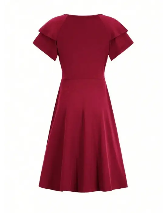 Kadın Kısa Fırfır Kollu Kruvaze Yakalı Kiloş Janjan Krep Elbise
