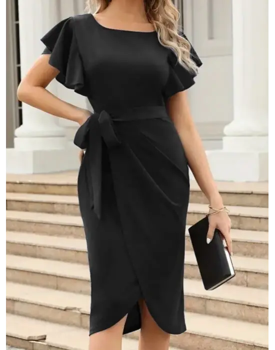 Kadın Kısa Fırfır Kollu Yakası Açık Belden Kuşaklı çapraz Kesim Detaylı Ithal Krep Elbise