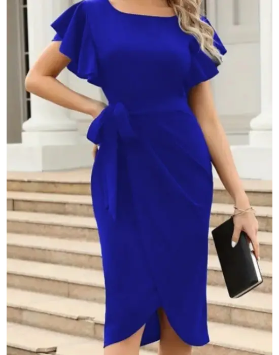 Kadın Kısa Fırfır Kollu Yakası Açık Belden Kuşaklı çapraz Kesim Detaylı Ithal Krep Elbise