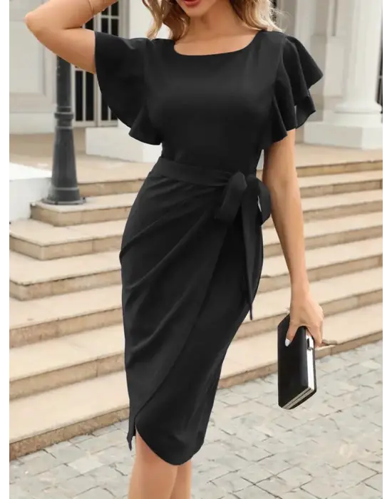 Kadın Kısa Fırfır Kollu Yakası Açık Belden Kuşaklı çapraz Kesim Detaylı Ithal Krep Elbise