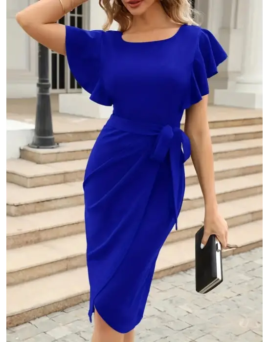 Kadın Kısa Fırfır Kollu Yakası Açık Belden Kuşaklı çapraz Kesim Detaylı Ithal Krep Elbise