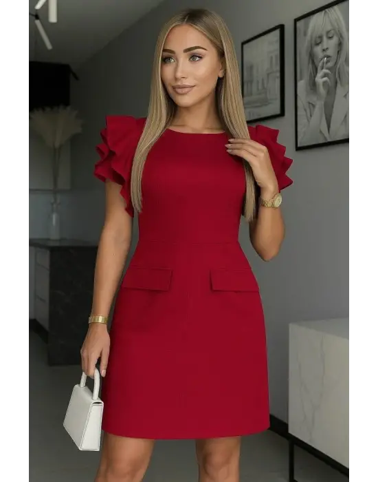 Kadın Kısa Gül Detaylı Kollu Bisiklet Yaka Cepli Mini Atlas Elbise