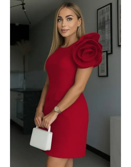 Kadın Kısa Gül Detaylı Kollu Bisiklet Yaka Cepli Mini Atlas Elbise