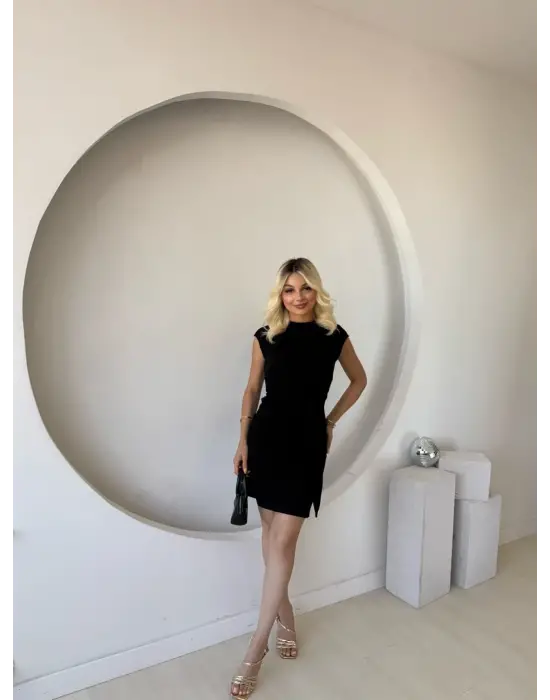 Kadın Kısa Kap Kollu Bisiklet Yaka Belden Bağlamalı Modal Mini Elbise