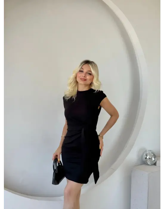 Kadın Kısa Kap Kollu Bisiklet Yaka Belden Bağlamalı Modal Mini Elbise