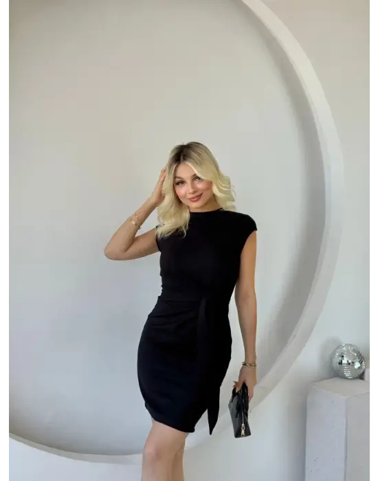 Kadın Kısa Kap Kollu Bisiklet Yaka Belden Bağlamalı Modal Mini Elbise