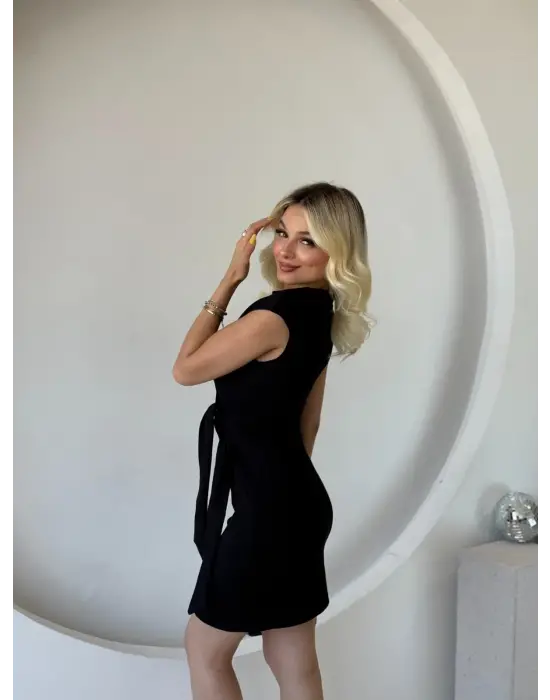 Kadın Kısa Kap Kollu Bisiklet Yaka Belden Bağlamalı Modal Mini Elbise