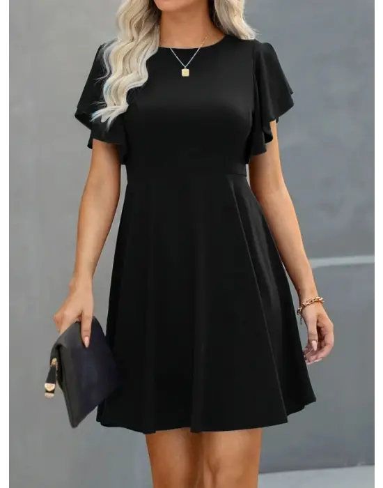 Kadın Kısa Kelebek Kollu Bisiklet Yaka Janjan Krep Elbise