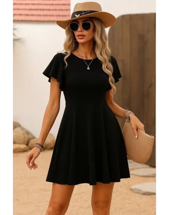 Omarı Elegan Kadın Elbisesi - Kısa Kelebek Kollu ve Bisiklet Yaka