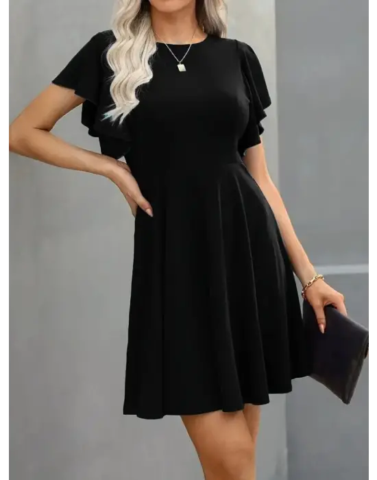 Kadın Kısa Kelebek Kollu Bisiklet Yaka Janjan Krep Elbise