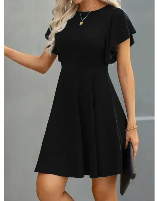 Kadın Kısa Kelebek Kollu Bisiklet Yaka Janjan Krep Elbise