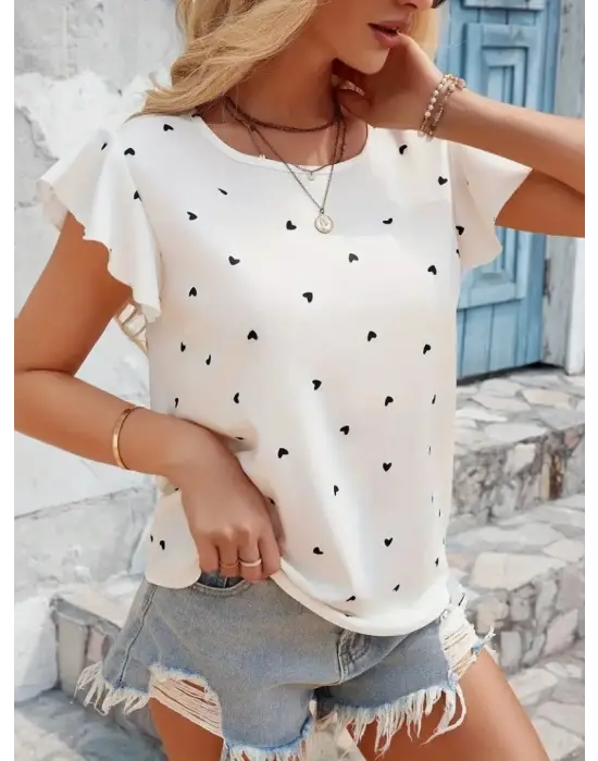 Kadın Kısa Kelebek Kollu Bisiklet Yaka Kalp Desenli Süprem Bluz
