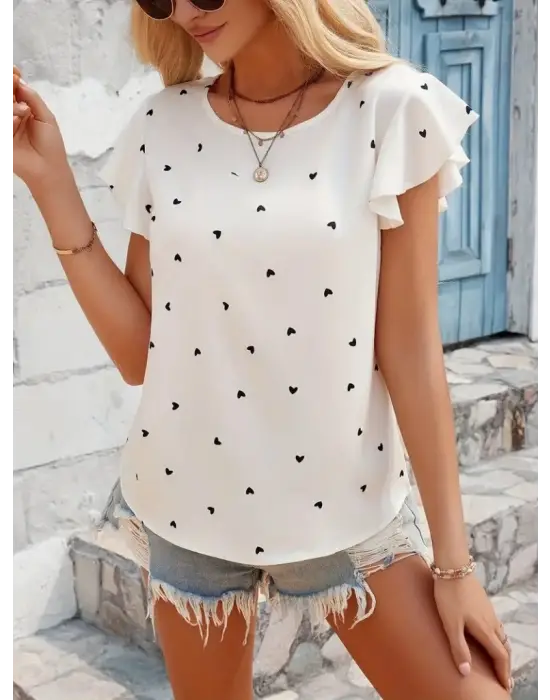 Kadın Kısa Kelebek Kollu Bisiklet Yaka Kalp Desenli Süprem Bluz