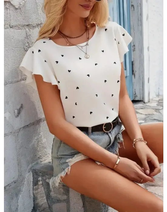Kadın Kısa Kelebek Kollu Bisiklet Yaka Kalp Desenli Süprem Bluz