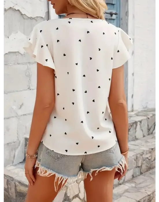 Kadın Kısa Kelebek Kollu Bisiklet Yaka Kalp Desenli Süprem Bluz