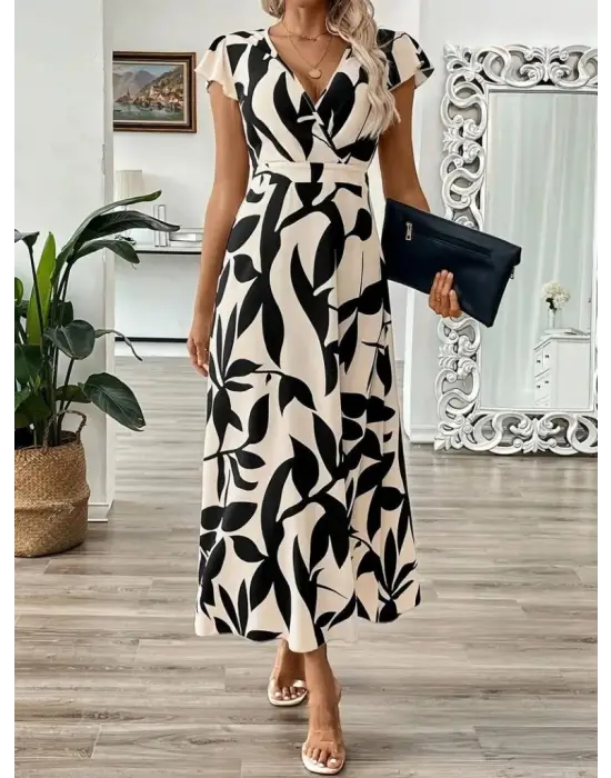 Kadın Kısa Kelebek Kollu Kruvaze Yaka Desenli Süprem Elbise