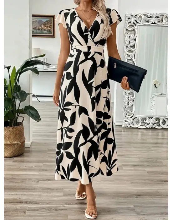 Kadın Kısa Kelebek Kollu Kruvaze Yaka Desenli Süprem Elbise