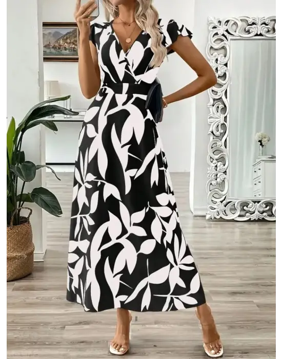 Omarı Desenli Kısa Elbise Kelebek Kollu Kruvaze Yaka Moda Trendi