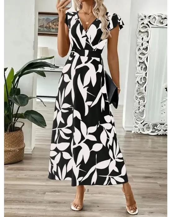 Omarı Desenli Kısa Elbise Kelebek Kollu Kruvaze Yaka Moda Trendi