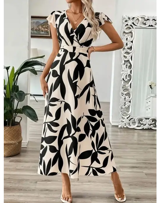 Kadın Kısa Kelebek Kollu Kruvaze Yaka Desenli Süprem Elbise