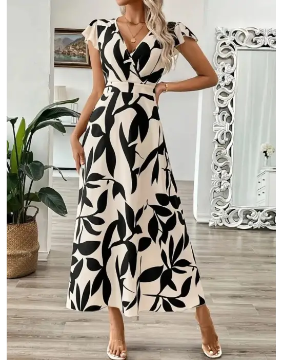 Kadın Kısa Kelebek Kollu Kruvaze Yaka Desenli Süprem Elbise