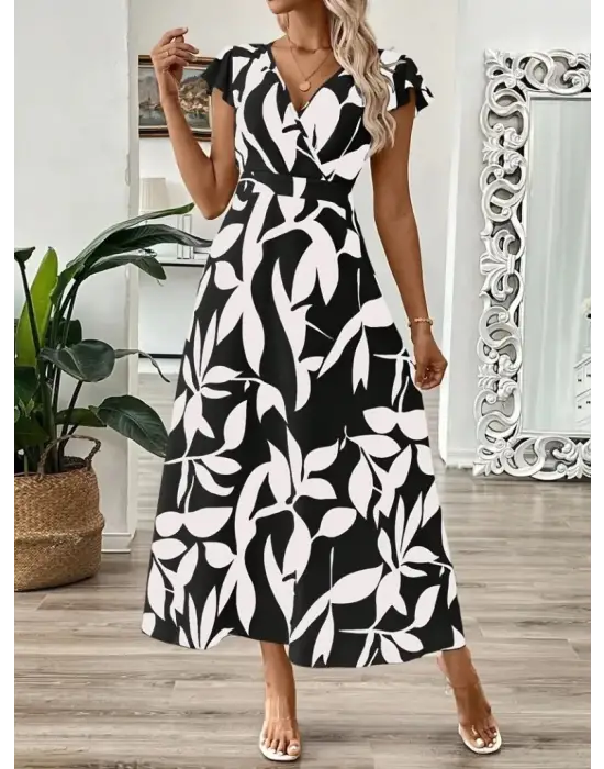 Omarı Desenli Kısa Elbise Kelebek Kollu Kruvaze Yaka Moda Trendi