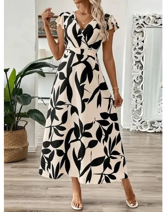 Kadın Kısa Kelebek Kollu Kruvaze Yaka Desenli Süprem Elbise