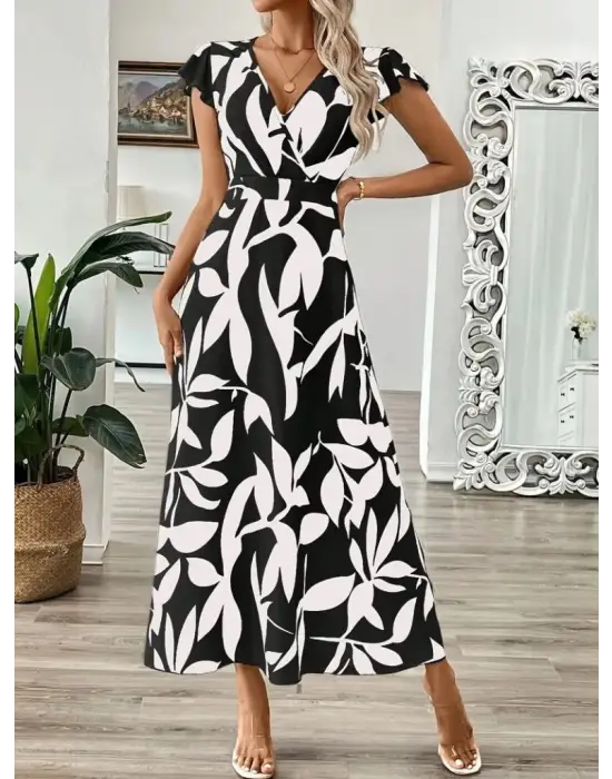 Omarı Desenli Kısa Elbise Kelebek Kollu Kruvaze Yaka Moda Trendi