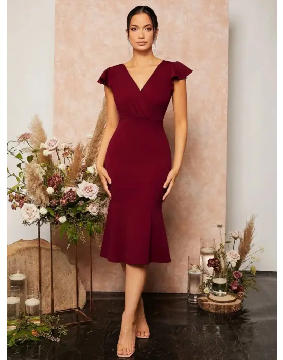Kadın Kısa Kelebek Kollu Kruvaze Yaka Ithal Krep Midi Elbise