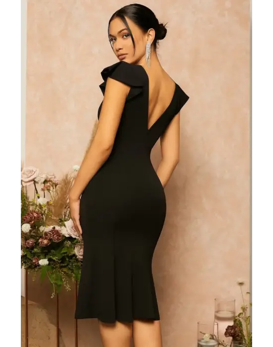 Omarı Elegan Kruvaze Yaka Midi Elbise