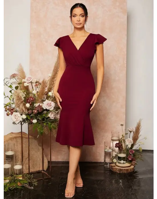 Omarı Kısa Kelebek Kollu Kruvaze Yaka Midi Elbise