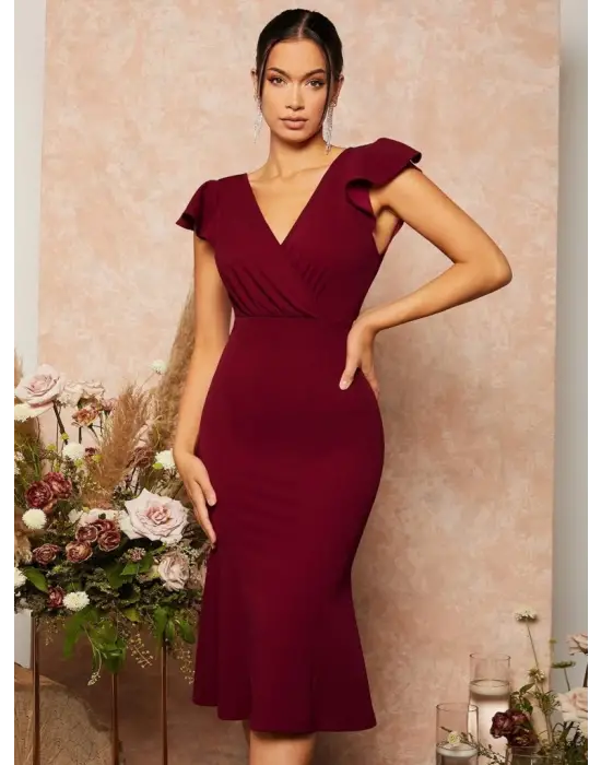 Kadın Kısa Kelebek Kollu Kruvaze Yaka Ithal Krep Midi Elbise