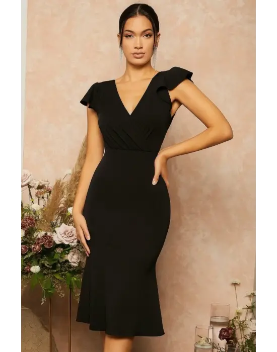 Kadın Kısa Kelebek Kollu Kruvaze Yaka Ithal Krep Midi Elbise