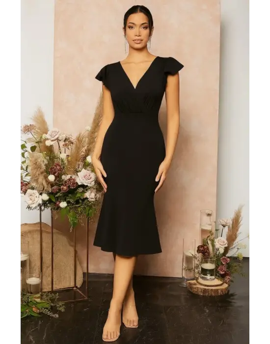 Kadın Kısa Kelebek Kollu Kruvaze Yaka Ithal Krep Midi Elbise