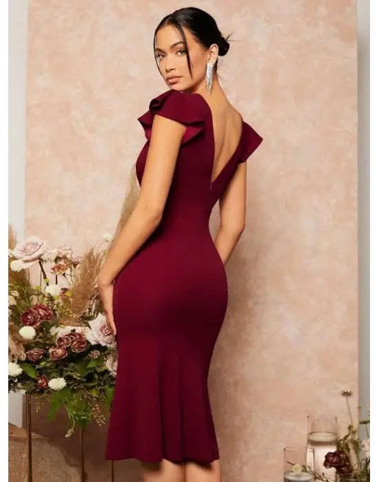 Kadın Kısa Kelebek Kollu Kruvaze Yaka Ithal Krep Midi Elbise