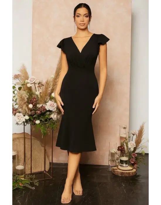 Omarı Elegan Kruvaze Yaka Midi Elbise