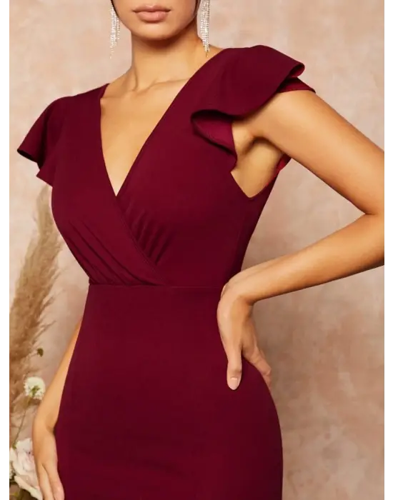 Kadın Kısa Kelebek Kollu Kruvaze Yaka Ithal Krep Midi Elbise