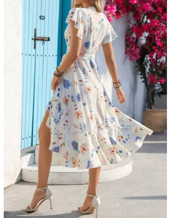 Kadın Kısa Kelebek Kollu Kruvaze Yakalı Belden Kuşaklı Midi Süprem Elbise