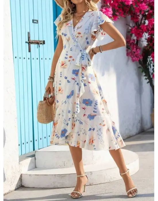 Kadın Kısa Kelebek Kollu Kruvaze Yakalı Belden Kuşaklı Midi Süprem Elbise