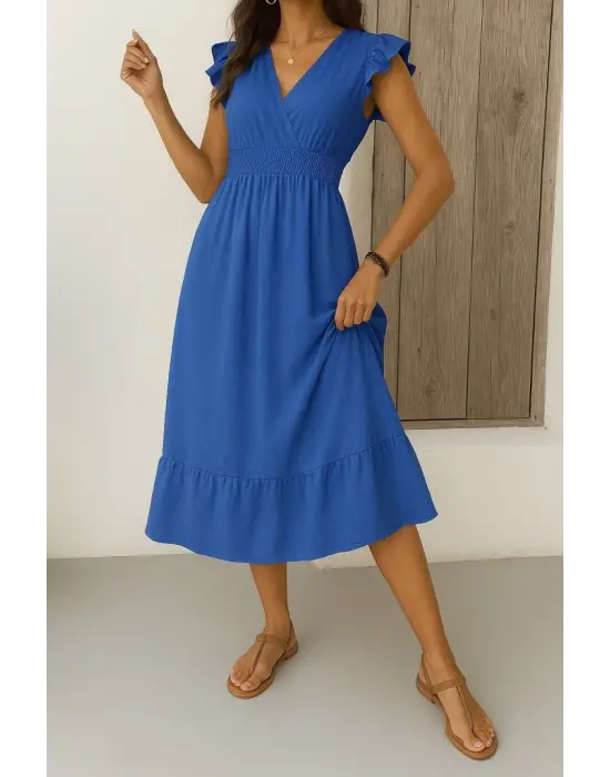 Kadın Kısa Kelebek Kollu Kruvaze Yakalı Beli Lastikli Aerobin Elbise